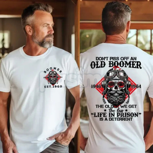 "Don't Piss Off a Boomer" Funny Skull T-Shirt - Customizable Born 1946–1964 Graphic Tee, Premium 100% Cotton Biker Aesthetic Shirt, Tough Grandpa Gift, Vintage Badass Boomer Apparel, Soft Lived-In Heavyweight Sarcastic Top-Pasimax