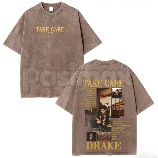Drake Take Care Acid-Washed T-Shirt – Retro Hip Hop Graphic Tee, Vintage Washed Lightweight Cotton Unisex Rap Merch Top-Pasimax