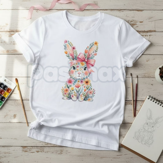Easter Bunny with Pink Bow & Colorful Swirls T-Shirt - Vibrant Spring Floral Graphic Tee, Premium 100% Cotton Easter Holiday Top, Aesthetic Bunny Lover Gift, Colorful Artistic Swirls Shirt, Soft Lived-In Heavyweight Seasonal Apparel-Pasimax
