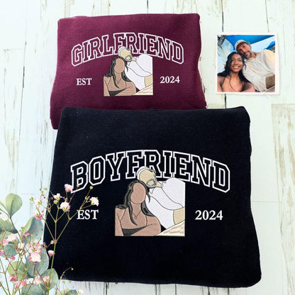 Embroidered Couple Photo Hoodie - Personalized His And Her Sweatshirt, Anniversary Gift For Couples