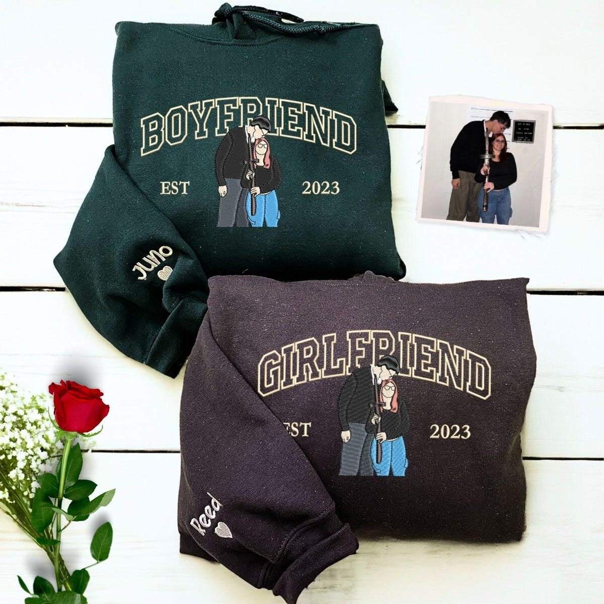 Embroidered Couple Photo Hoodie - Personalized His And Her Sweatshirt, Anniversary Gift For Couples