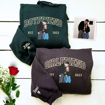 Embroidered Couple Photo Hoodie - Personalized His And Her Sweatshirt, Anniversary Gift For Couples
