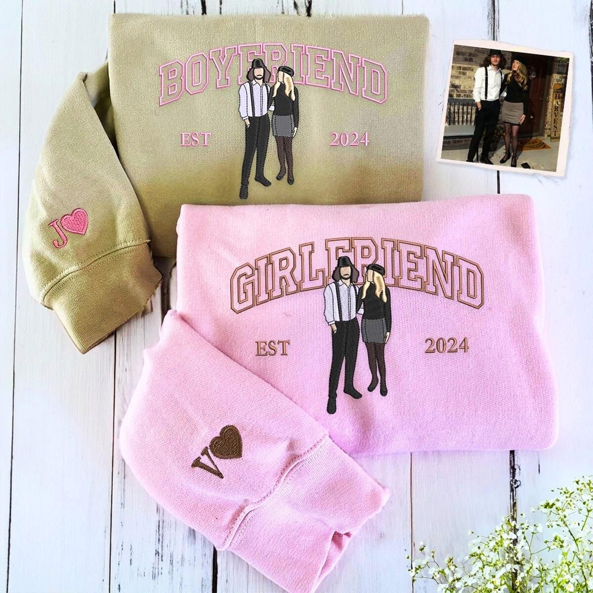 Embroidered Couple Photo Hoodie - Personalized His And Her Sweatshirt, Anniversary Gift For Couples