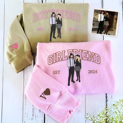 Embroidered Couple Photo Hoodie - Personalized His And Her Sweatshirt, Anniversary Gift For Couples