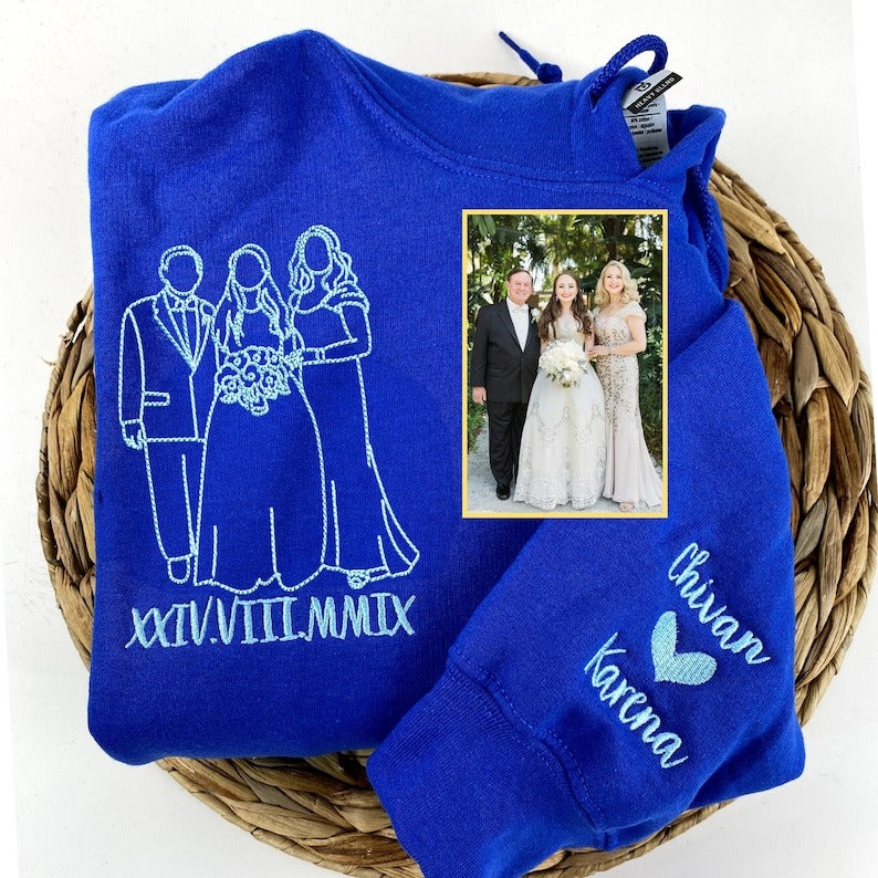 Embroidered Family Portrait from Photo Sweatshirt, Outline Photo Hoodie, Couple Portrait Hoodie, Anniversary Gift
