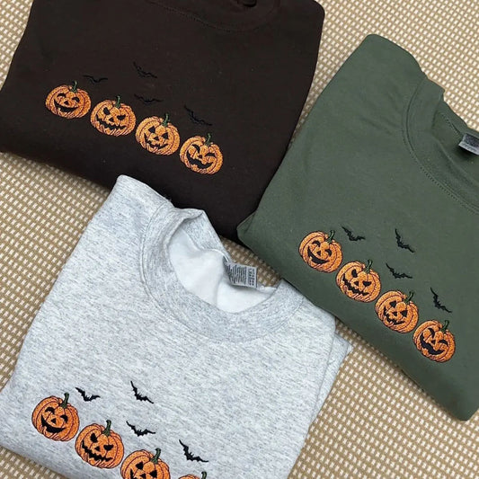 Embroidered Halloween Pumpkins & Bats Sweatshirt – Spooky Season Crewneck-Pasimax