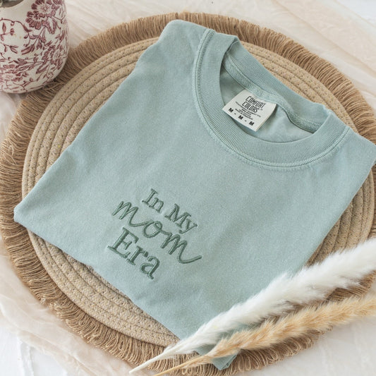 Custom Embroidered In My Mom Era T-Shirt – Personalized Mama Gift for New Moms, Mother’s Day, or Baby Showers