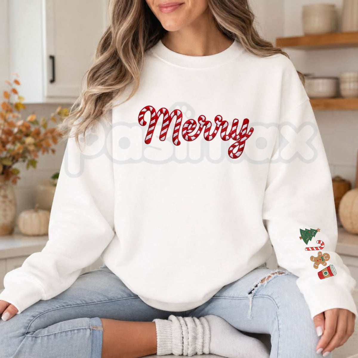 Embroidered Merry Christmas Sweatshirt – Classic Holiday Festive Crewneck-Pasimax