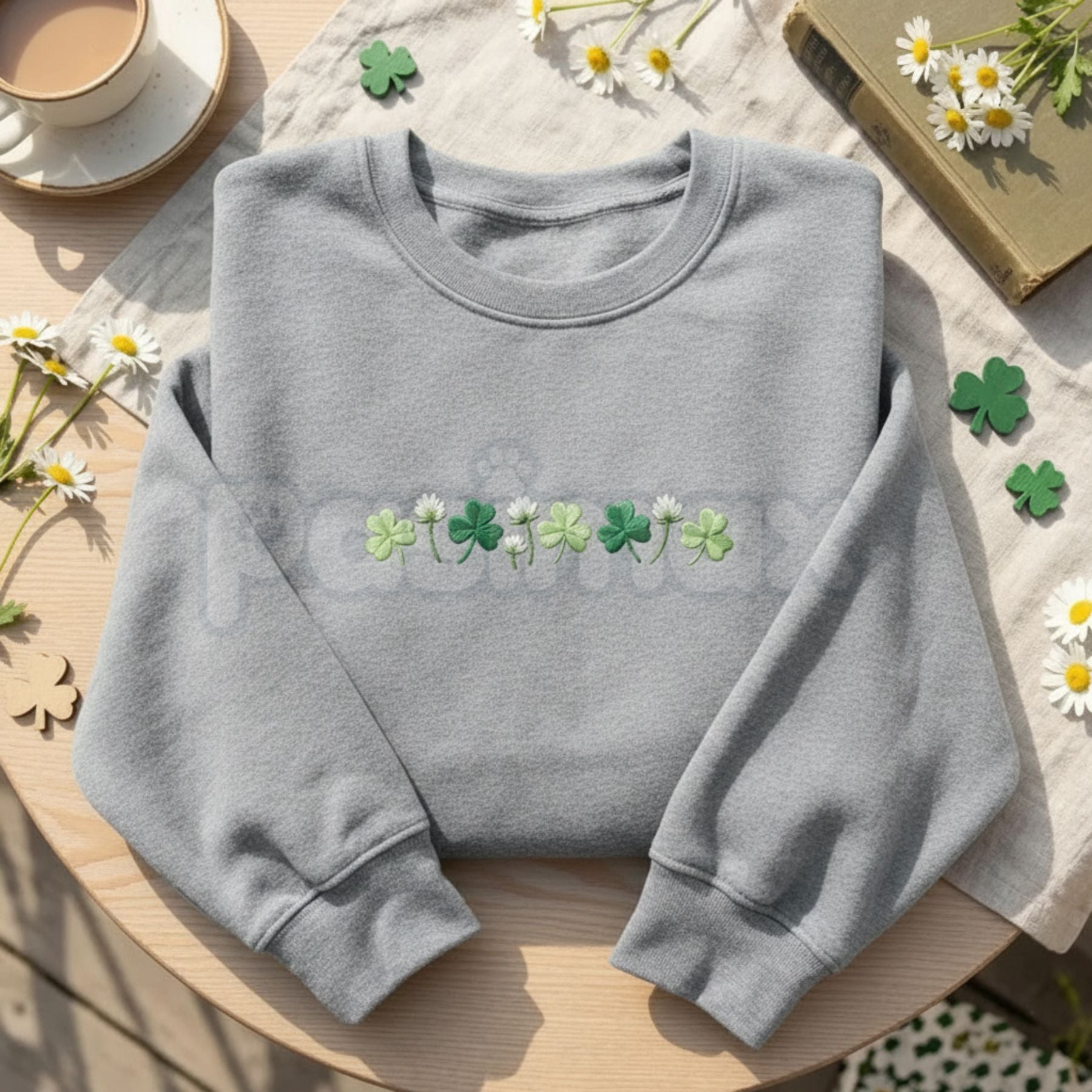 Embroidered Shamrock Meadow Crewneck – St. Patrick’s Day Lucky Four-Leaf Flower Sweatshirt-Pasimax