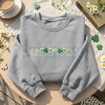 Embroidered Shamrock Meadow Crewneck – St. Patrick’s Day Lucky Four-Leaf Flower Sweatshirt-Pasimax
