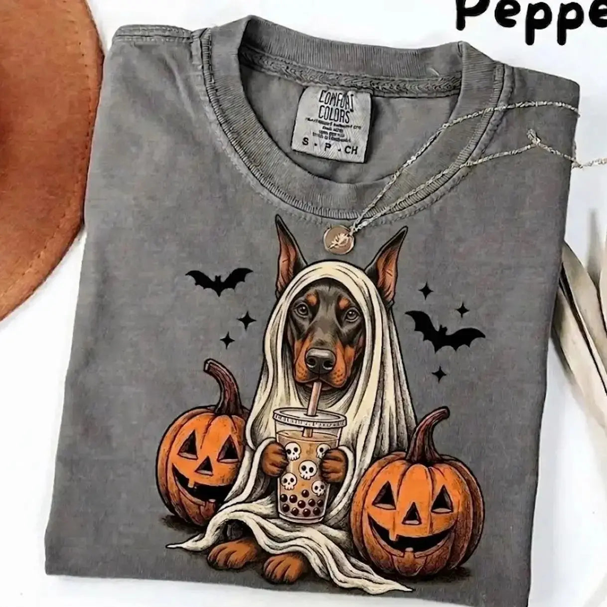 Comfort Colors® Pepper Dog Ghost & Boba Tea Halloween T-Shirt – Custom Dog Breeds Spooky Season Graphic Tee, Vintage Pet Lover Unisex Top