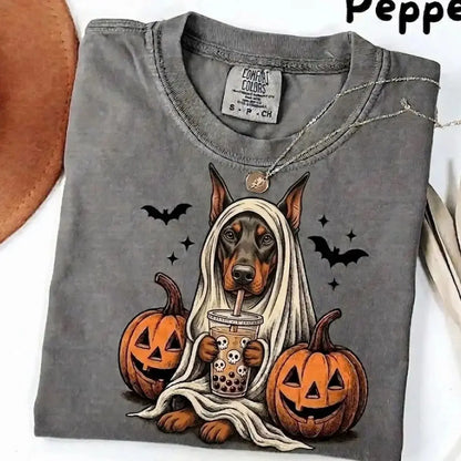 Comfort Colors® Pepper Dog Ghost & Boba Tea Halloween T-Shirt – Custom Dog Breeds Spooky Season Graphic Tee, Vintage Pet Lover Unisex Top