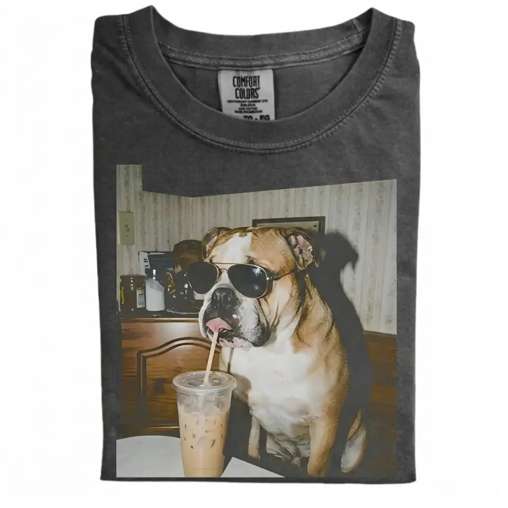Comfort Colors® Custom Dog Breeds Drinking Iced Coffee T-Shirt – Vintage 90s Funny Edgy Dog Meme Tee, Aesthetic Coffee Lover Dog Mom Gift Shirt