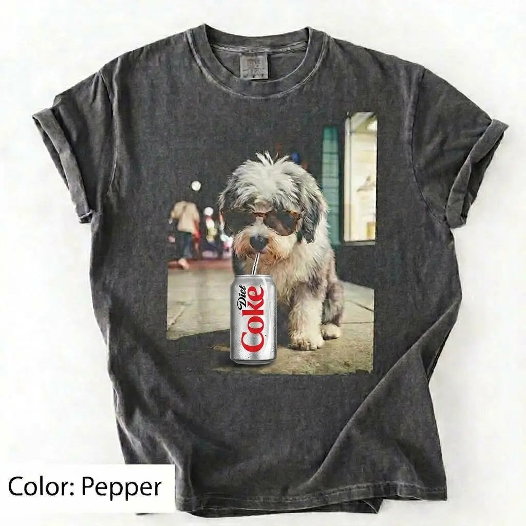 Comfort Colors® Dog Breeds Drinking Diet Coke T-Shirt – Funny Dog Dad Soda Lover Graphic Tee, Aesthetic Retro Puppy Animal Meme Shirt, Cute Pet Gift