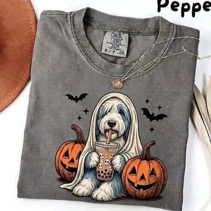 Comfort Colors® Pepper Dog Ghost & Boba Tea Halloween T-Shirt – Custom Dog Breeds Spooky Season Graphic Tee, Vintage Pet Lover Unisex Top