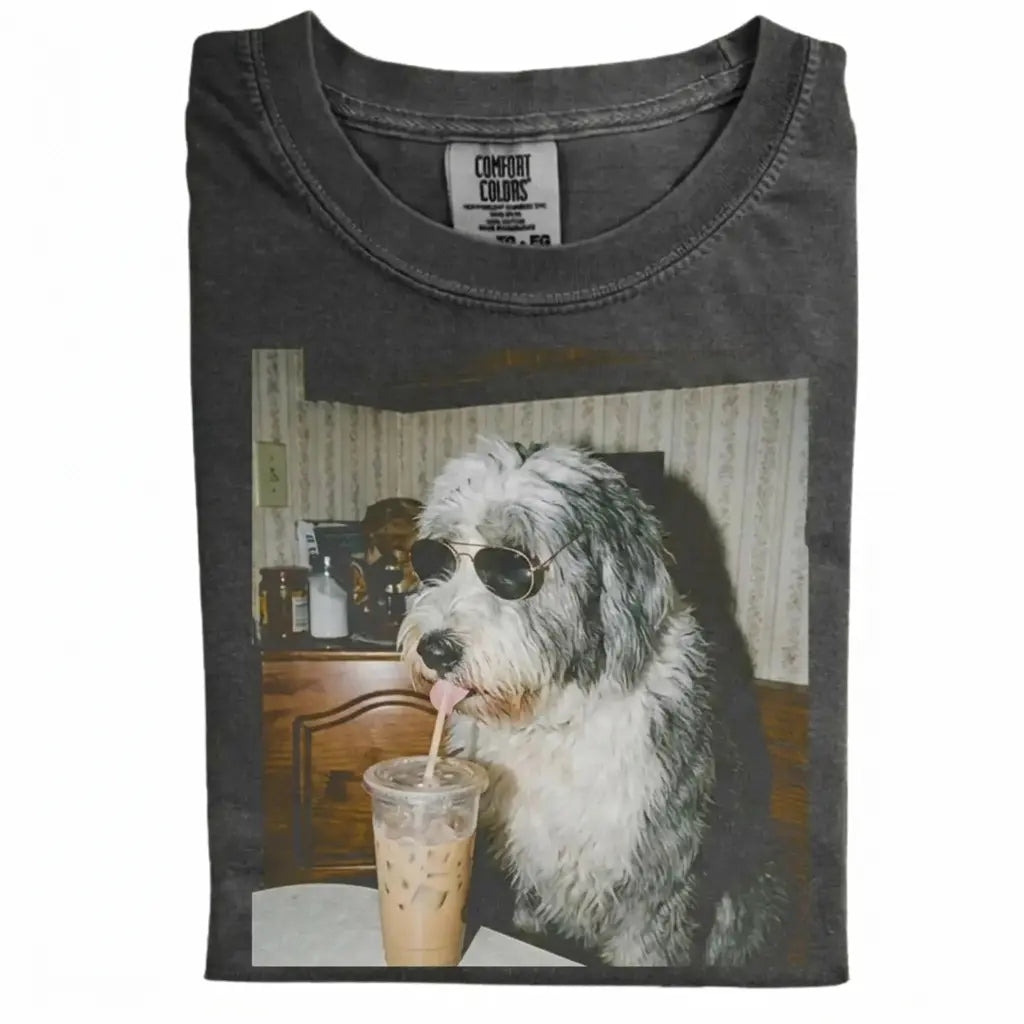 Comfort Colors® Custom Dog Breeds Drinking Iced Coffee T-Shirt – Vintage 90s Funny Edgy Dog Meme Tee, Aesthetic Coffee Lover Dog Mom Gift Shirt