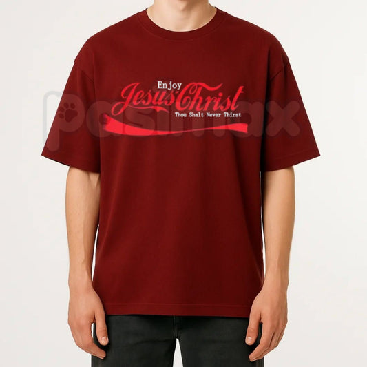 "Enjoy Jesus" Vintage Soda Script T-Shirt – Classic Retro Pop Graphic Tee, Remastered Heavy Cotton Faith-Based Top, Soft Lived-In Spiritual Conversation Starter Shirt, Made in USA-Pasimax