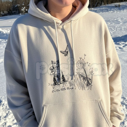 "Enjoy The Little Things" Cute Cat & Nature Hoodie – Whimsical Aesthetic Pullover, Cozy Cat Lover Streetwear, Unisex Nature-Inspired Sweatshirt-Pasimax