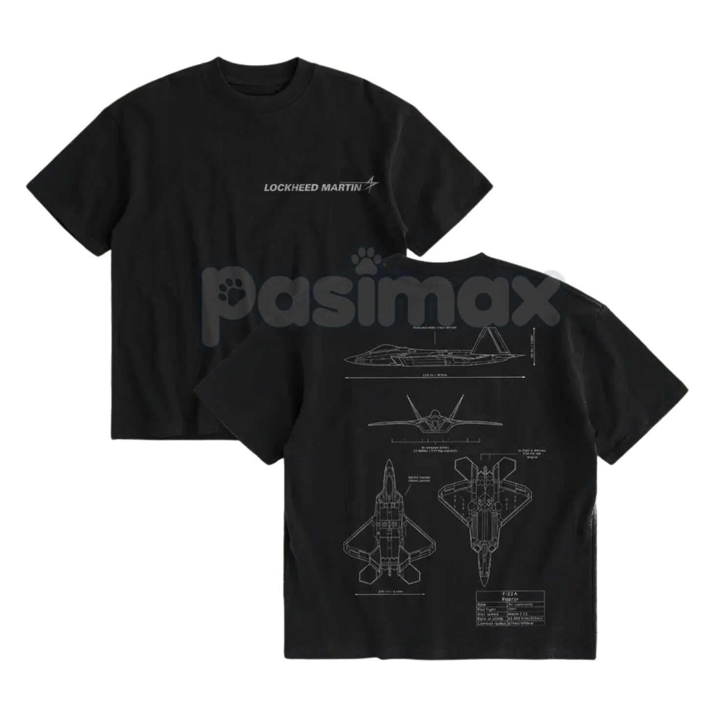 F-22 Raptor Stealth Fighter Blueprint T-Shirt - Double-Sided Technical Drawing Tee, Military Aviation Engineering Gift, WARBORN Collectible-Pasimax