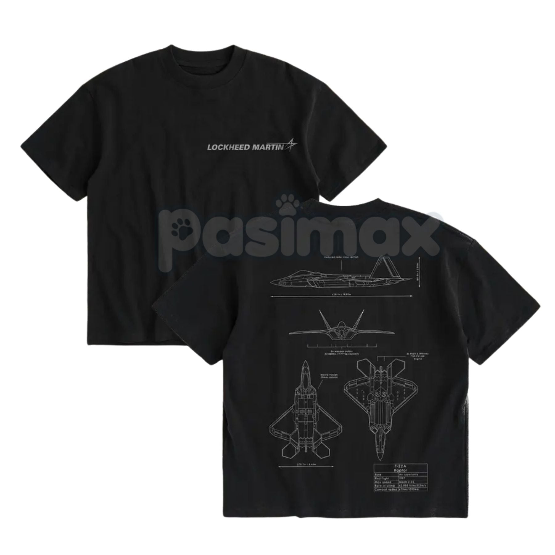 F-22 Raptor Stealth Fighter Blueprint T-Shirt - Double-Sided Technical Drawing Tee, Military Aviation Engineering Gift, WARBORN Collectible-Pasimax