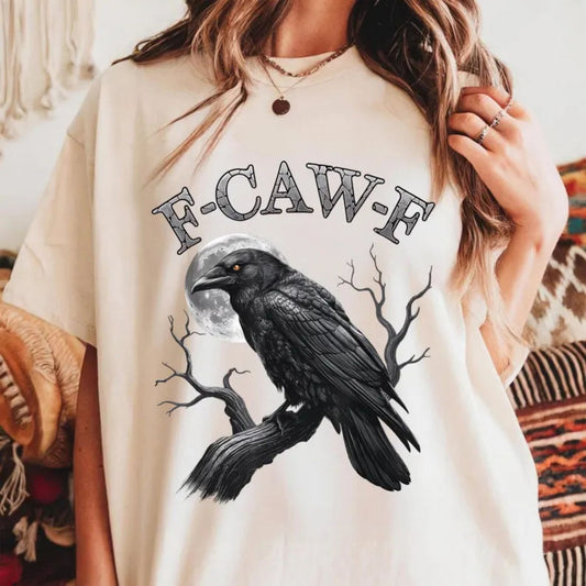 "F-CAW-F" Black Bird Moon T-Shirt - Funny Gothic Adult Humor Tee, Vintage Streetwear Top-Pasimax