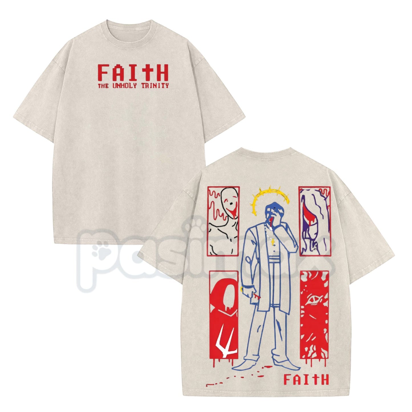 FAITH Horror Game Vintage Washed Tee – 8-Bit Retro Unholy Trinity Heavyweight Cotton T-Shirt-Pasimax