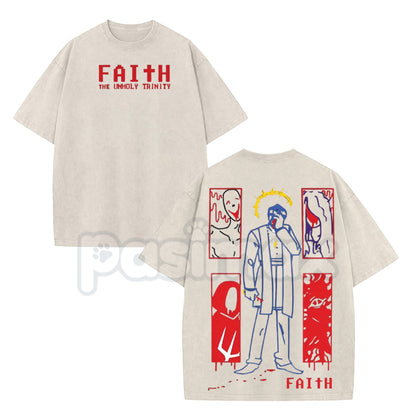FAITH Horror Game Vintage Washed Tee – 8-Bit Retro Unholy Trinity Heavyweight Cotton T-Shirt-Pasimax