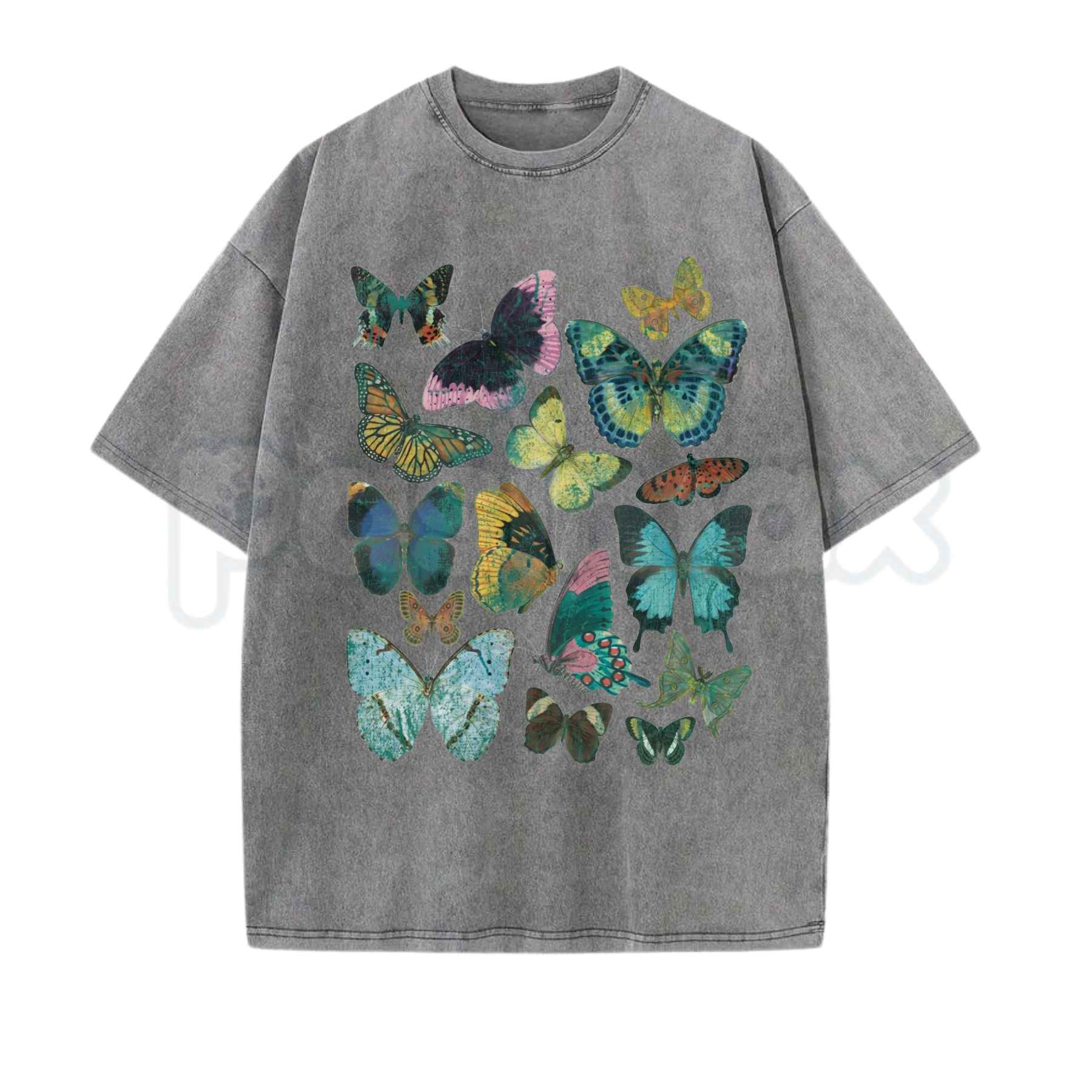 FLUTTER Vintage Wash Graphic Tee – Retro Butterfly Botanical T-Shirt, Vintage Acid Washed Lightweight Cotton Unisex Streetwear Top-Pasimax