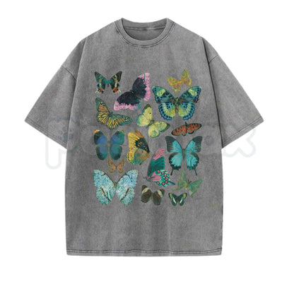 FLUTTER Vintage Wash Graphic Tee – Retro Butterfly Botanical T-Shirt, Vintage Acid Washed Lightweight Cotton Unisex Streetwear Top-Pasimax