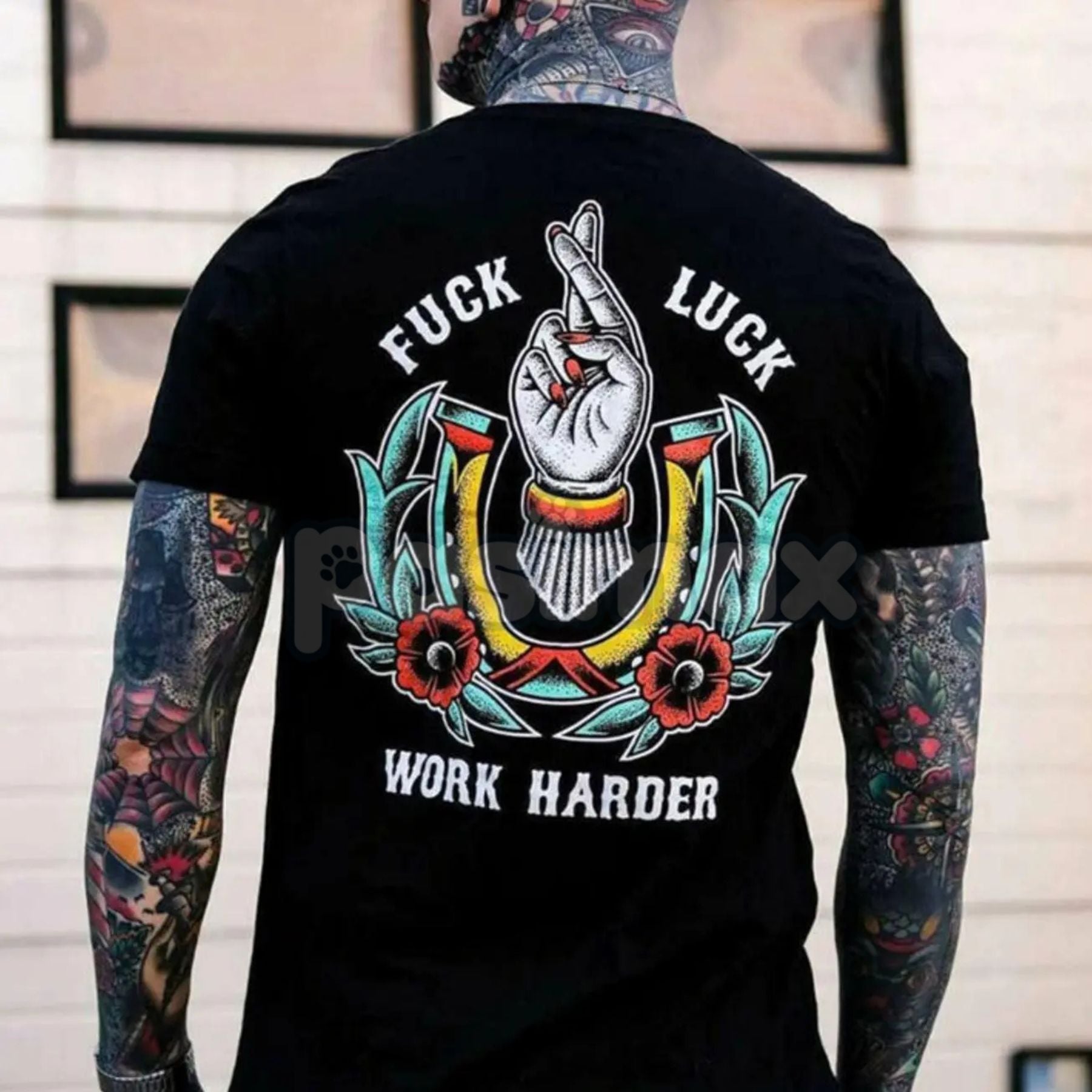 F*CK LUCK WORK HARDER Hand Flowers T-Shirt - Motivational Streetwear Graphic Tee, Inspirational Slogan Apparel, Unisex Contrast Print Top-Pasimax