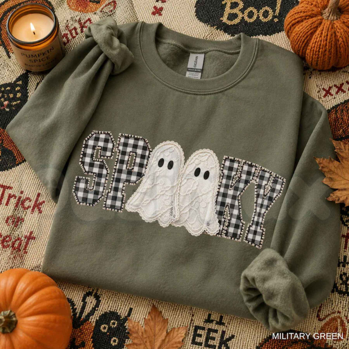 Faux Patchwork Spooky Ghost Sweatshirt | Cozy Halloween Graphic Top-Pasimax
