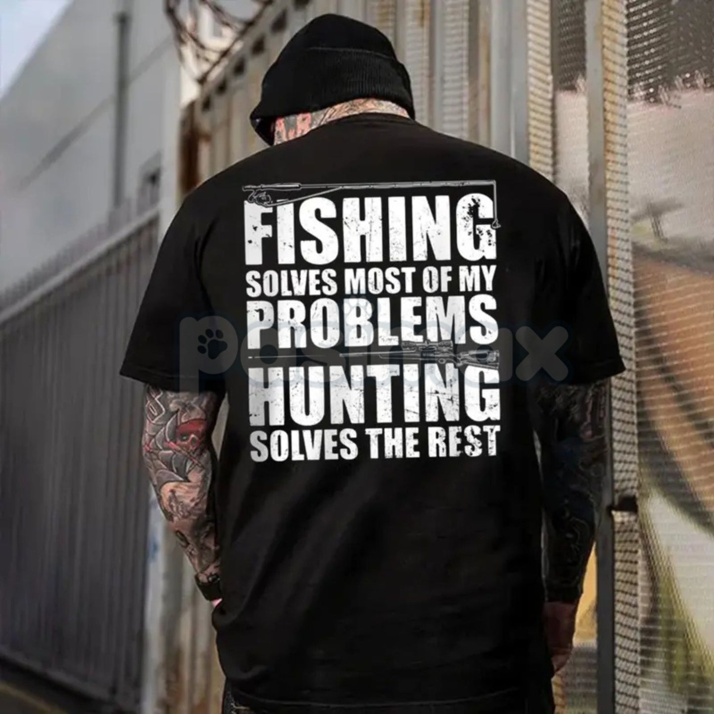 "Fishing Solves Most Of My Problems Hunting Solves The Rest" Shirt - Funny Hunter Angler Tee, Outdoor Sportsman Slogan Apparel, Casual Gift for Men and Women-Pasimax
