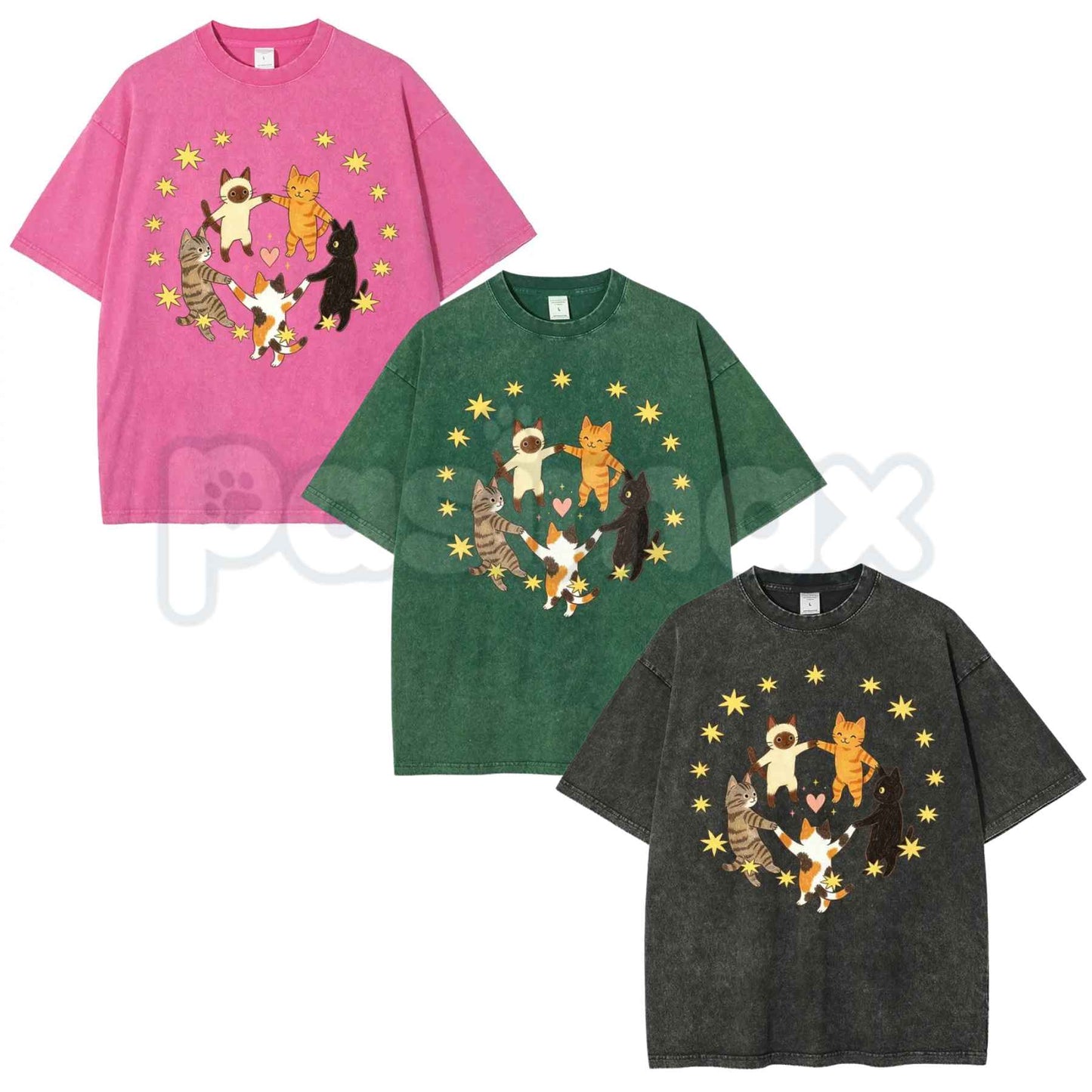 Five Holding Hands Circle Cats T-Shirt – Retro Wholesome Kitten Star Heart Graphic Tee, Vintage Washed Lightweight Cotton Unisex Top-Pasimax