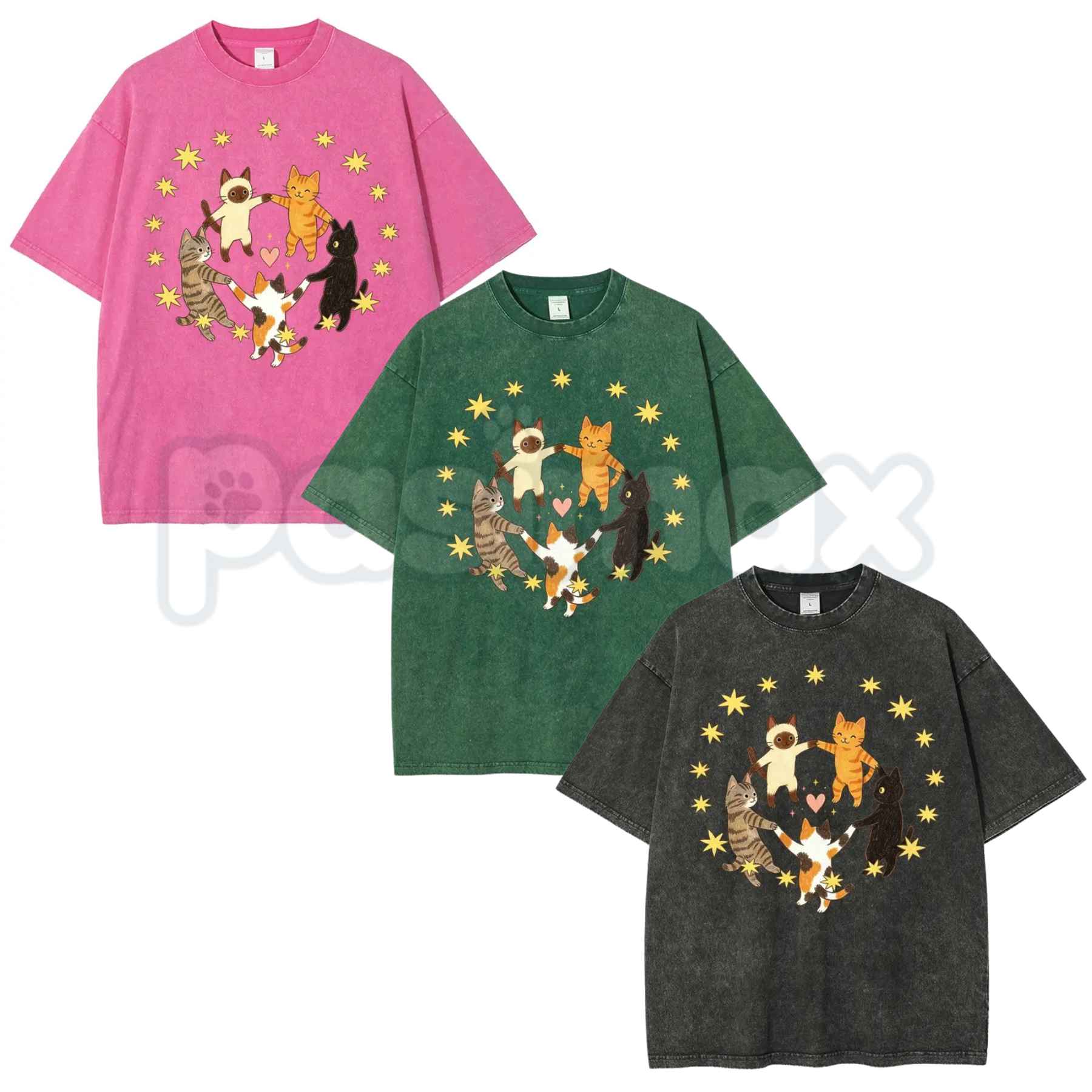 Five Holding Hands Circle Cats T-Shirt – Retro Wholesome Kitten Star Heart Graphic Tee, Vintage Washed Lightweight Cotton Unisex Top-Pasimax