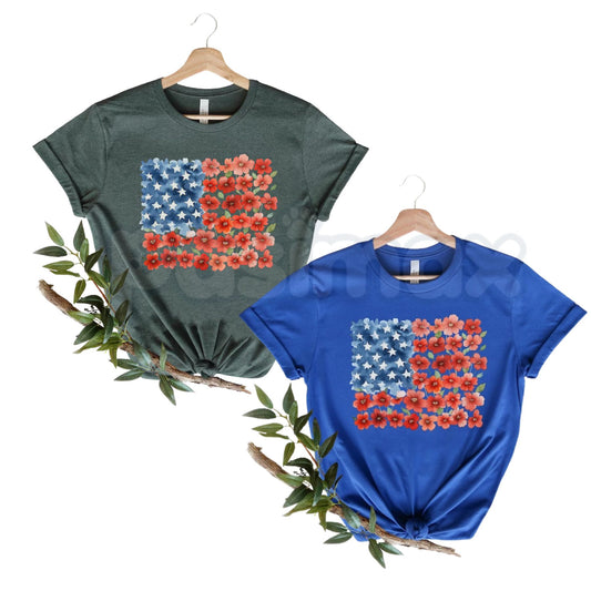 Floral American Flag T-Shirt – Patriotic Red Poppy Flower Independence Day Tee for Women-Pasimax
