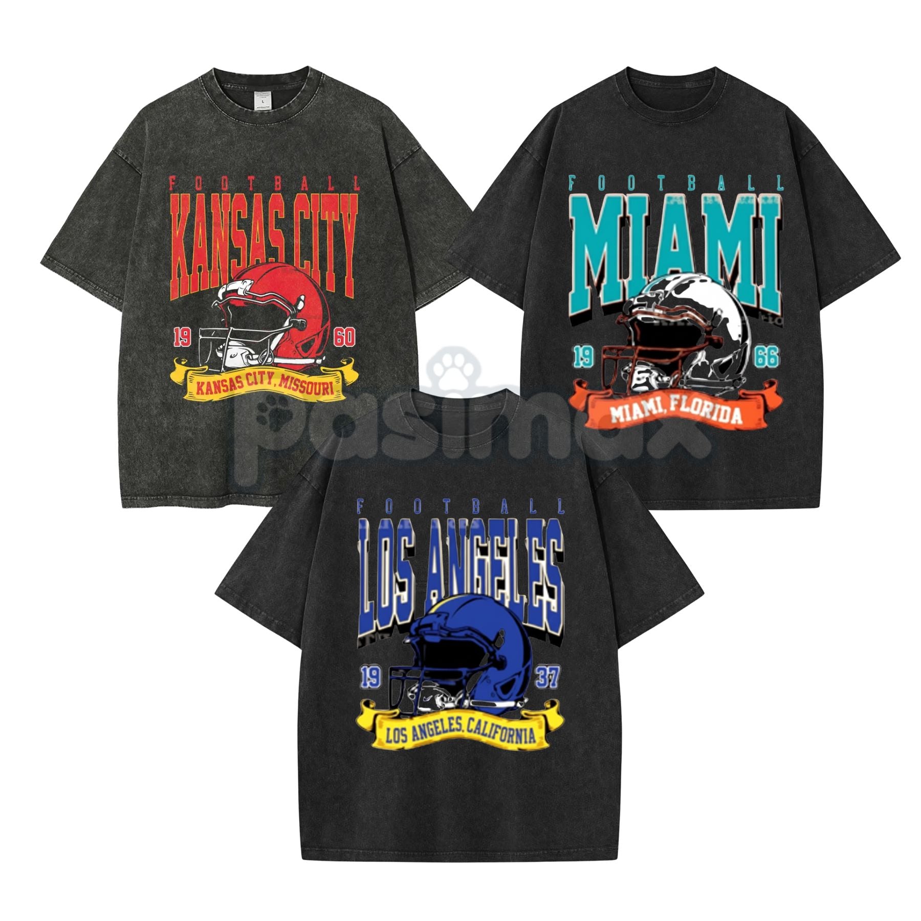 Football Team Print Washed T-Shirt – Vintage Sportswear Graphic Tee, Heavy Cotton Game Day Apparel-Pasimax