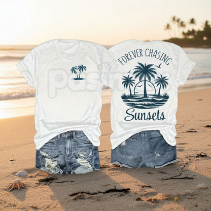 "Forever Chasing Sunsets" Graphic T-Shirt - Aesthetic Nature Adventure Tee, Premium 100% Cotton Wanderlust Top, Retro Golden Hour Beach Shirt, Inspirational Sunset Lover Gift, Soft Lived-In Summer Travel Apparel-Pasimax