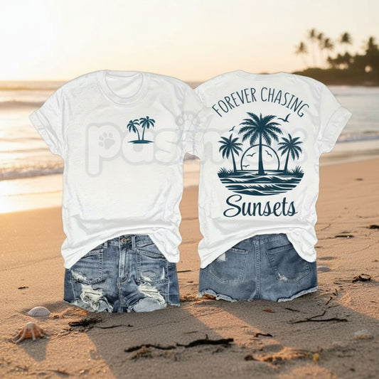 "Forever Chasing Sunsets" Graphic T-Shirt - Aesthetic Nature Adventure Tee, Premium 100% Cotton Wanderlust Top, Retro Golden Hour Beach Shirt, Inspirational Sunset Lover Gift, Soft Lived-In Summer Travel Apparel-Pasimax