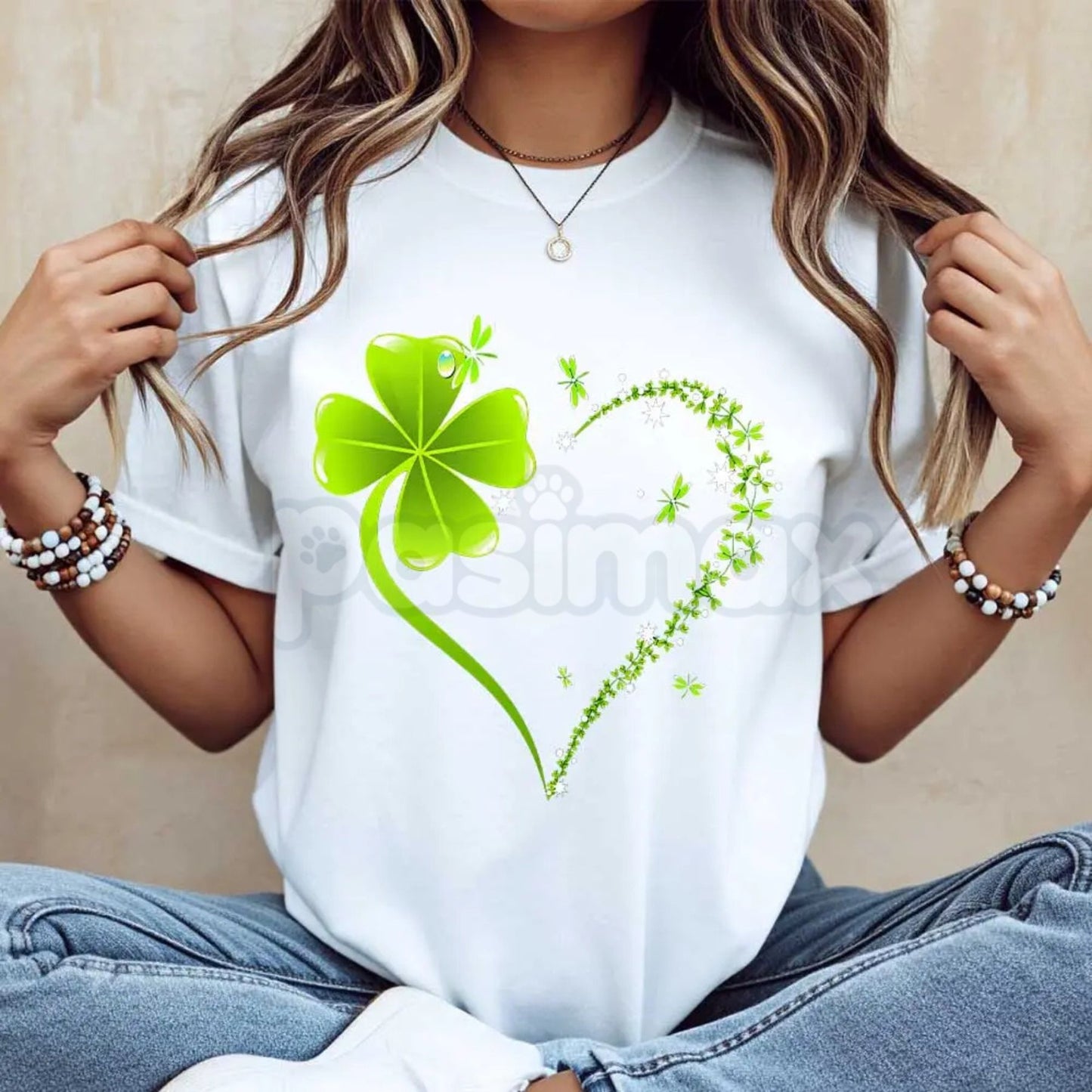 Four Leaf Clover Heart St. Patrick's Day T-Shirt - Lucky Clover Heart Graphic Tee, Premium 100% Cotton Crew Neck Celebration Top, Cute Irish Pride Heart Shirt, St. Paddy's Day Women's Fashion, Soft Lived-In Festive Holiday Apparel-Pasimax