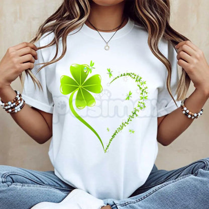 Four Leaf Clover Heart St. Patrick's Day T-Shirt - Lucky Clover Heart Graphic Tee, Premium 100% Cotton Crew Neck Celebration Top, Cute Irish Pride Heart Shirt, St. Paddy's Day Women's Fashion, Soft Lived-In Festive Holiday Apparel-Pasimax