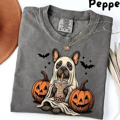 Comfort Colors® Pepper Dog Ghost & Boba Tea Halloween T-Shirt – Custom Dog Breeds Spooky Season Graphic Tee, Vintage Pet Lover Unisex Top