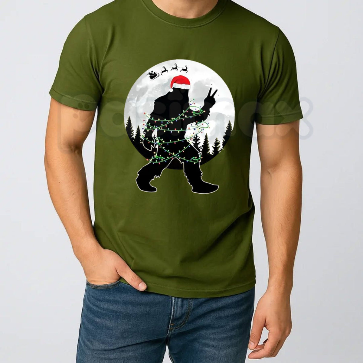 Funny Bigfoot Christmas Unisex Crew Neck T-Shirt – Santa Hat Bigfoot Christmas Lights Moon Graphic Tee-Pasimax