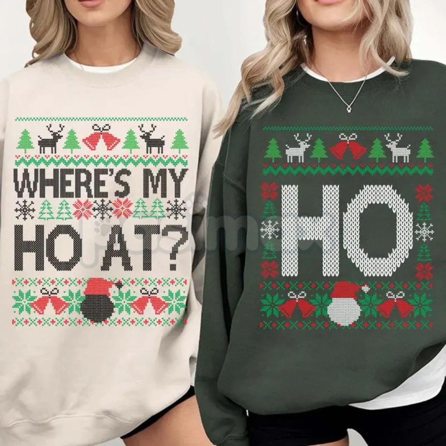Funny Couples Christmas Sweatshirt Set | "Where's My Ho At?" Matching Shirt | Husband Wife Ugly Christmas Party Gear-Pasimax