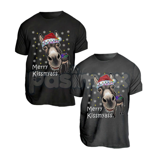 Funny Donkey Santa Hat and MERRY KISSMYASS Christmas Print T-Shirt - Crude Holiday Humor Tee, Edgy Adult Christmas Gift, Funny Donkey Xmas Shirt-Pasimax
