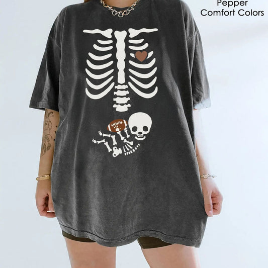 Funny Football Pregnancy Shirt – Pregnant Skeleton Halloween Maternity Tee, Mama To Be Sweater, Fall Gift for New Mom-Pasimax