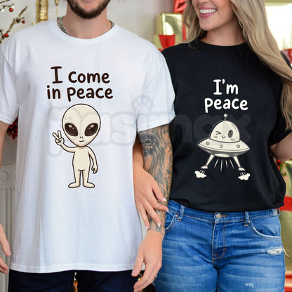 Funny "I Come In Peace / I'm Peace" Couple T-Shirt – Matching Romantic Partner Sarcastic Novelty Quote Graphic Tee-Pasimax