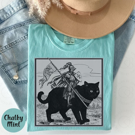 Funny Medieval Knight Cat Rider T-Shirt – Renaissance Fair Meme Tee, Fantasy Cat Lover Shirt, Funny Knight Graphic Tee, Unisex Gag Gift-Pasimax