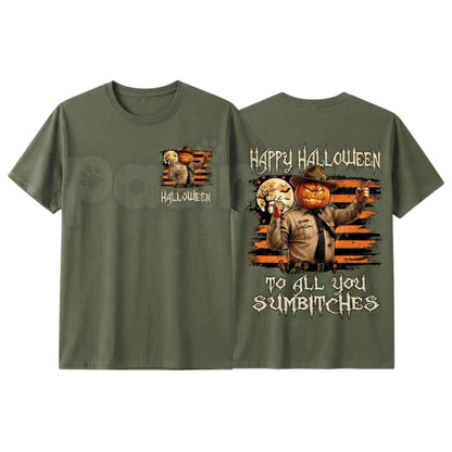 Funny Pumpkin Sheriff Halloween T Shirt – Spooky Season Cowboy Graphic Tee, Sarcastic Autumn Holiday Unisex Western Lawman Cotton Shirt-Pasimax