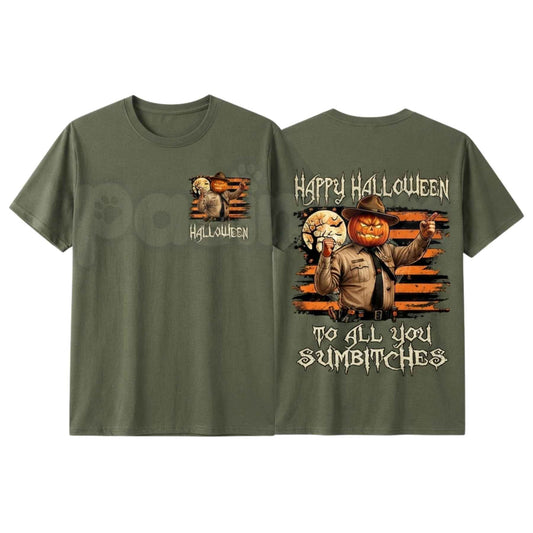 Funny Pumpkin Sheriff Halloween T Shirt – Spooky Season Cowboy Graphic Tee, Sarcastic Autumn Holiday Unisex Western Lawman Cotton Shirt-Pasimax