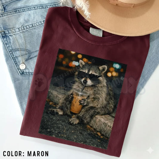 Funny Raccoon Drinking Iced Coffee Vintage T-Shirt - Retro Trash Panda Graphic Tee, Caffeinated Animal Humor Shirt, Premium Heavyweight Unisex 100% Cotton Top, Relatable Coffee Lover Gift, Vintage Style Raccoon Streetwear-Pasimax